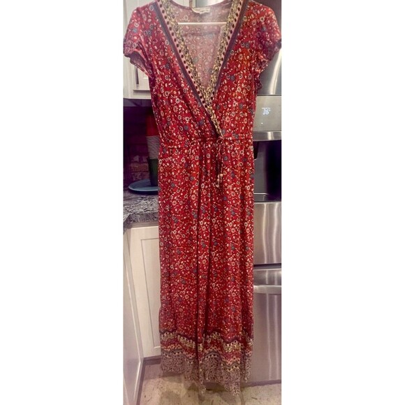 BeBop Sz L Brick Red Floral Fit Flare Pullover Elastic Waist Maxi Dress - Picture 1 of 5